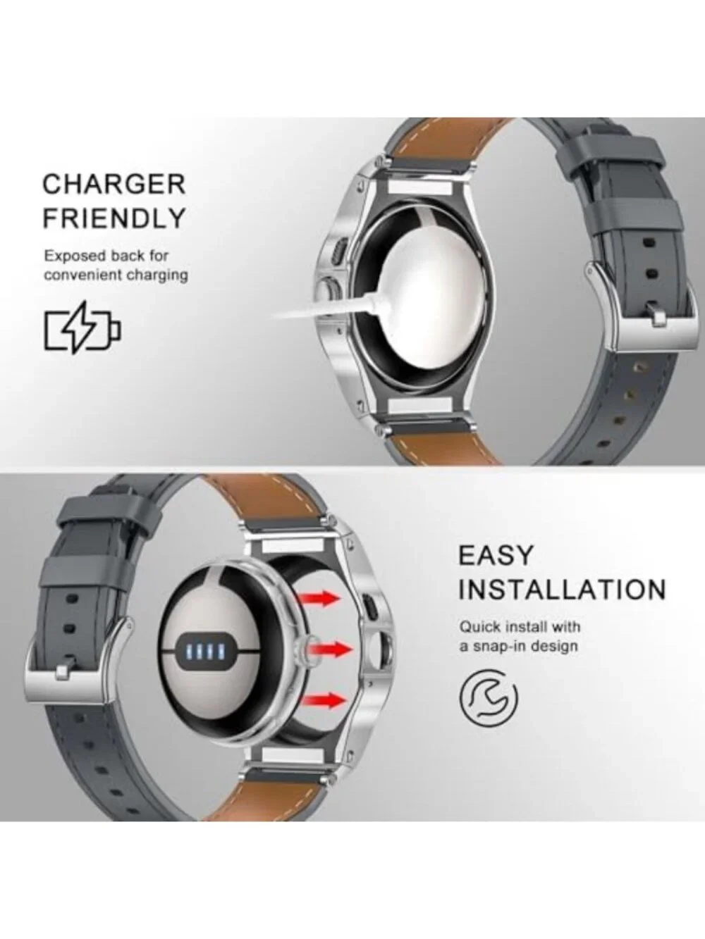 Stylish Leather Bands with Stainless Steel Case for 45mm Smartwatch - Perfect